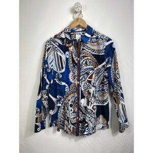 Chico's‎ Blue Paisley Print No-Iron Long Sleeve Button-Up Shirt Sz 2 US Large